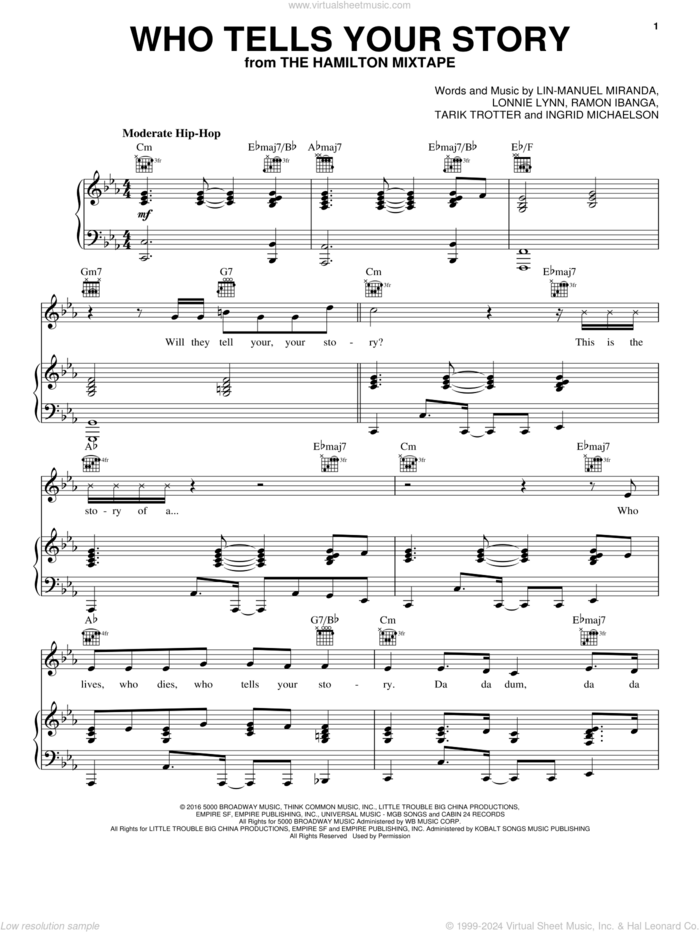 Who Tells Your Story sheet music for voice, piano or guitar by Lin-Manuel Miranda, Common, The Roots, The Roots, Common, Ingrid Michaelson, Ingrid Michaelson, Lonnie Lynn, Ramon Ibanga and Tarik Trotter, intermediate skill level