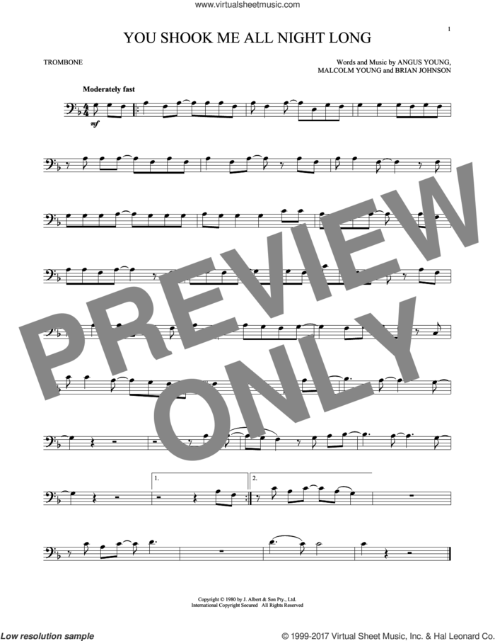 You Shook Me All Night Long sheet music for trombone solo by AC/DC, Angus Young, Brian Johnson and Malcolm Young, intermediate skill level