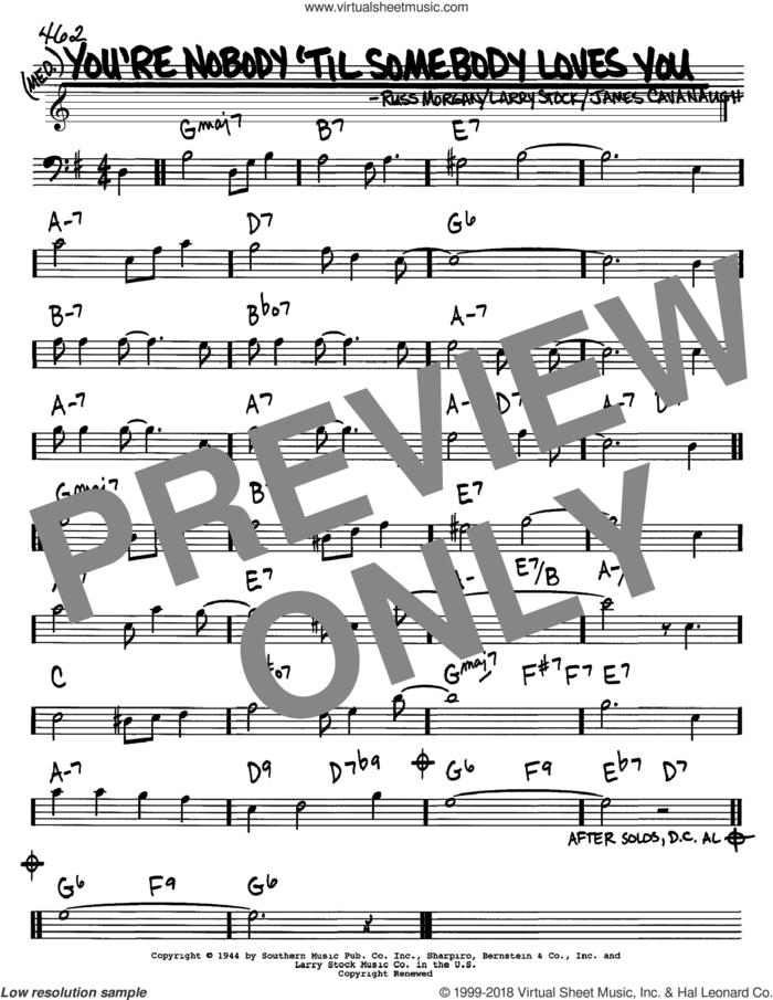 You're Nobody 'Til Somebody Loves You sheet music for voice and other instruments (bass clef) by Dean Martin, Frank Sinatra, James Cavanaugh, Larry Stock and Russ Morgan, intermediate skill level