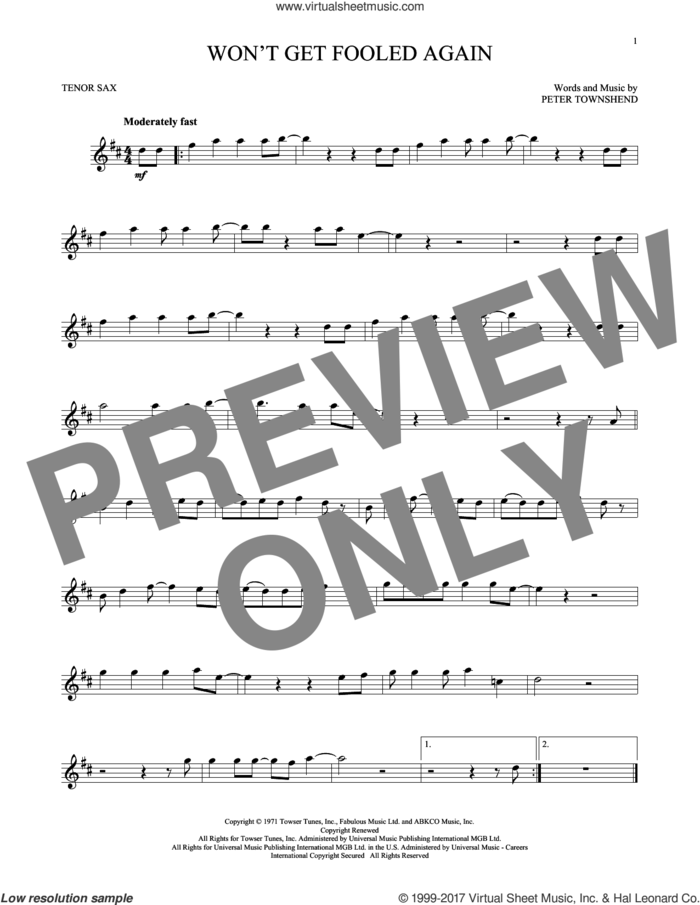 Won't Get Fooled Again sheet music for tenor saxophone solo by The Who and Pete Townshend, intermediate skill level