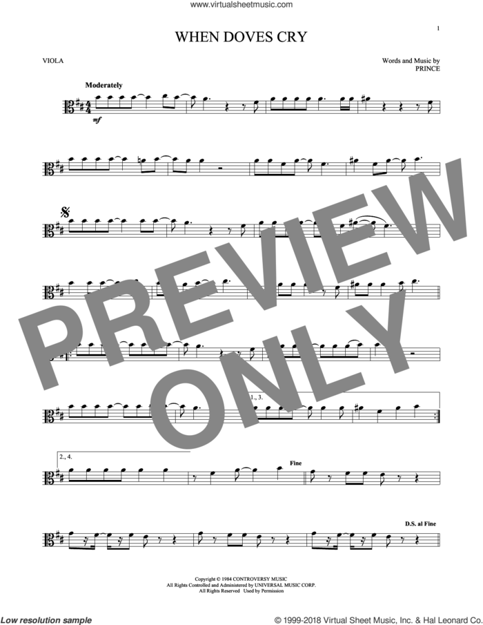 When Doves Cry sheet music for viola solo by Prince, intermediate skill level