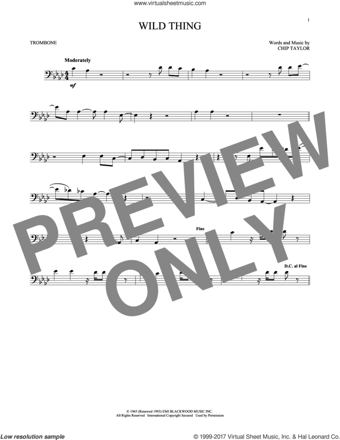 Wild Thing sheet music for trombone solo by The Troggs and Chip Taylor, intermediate skill level