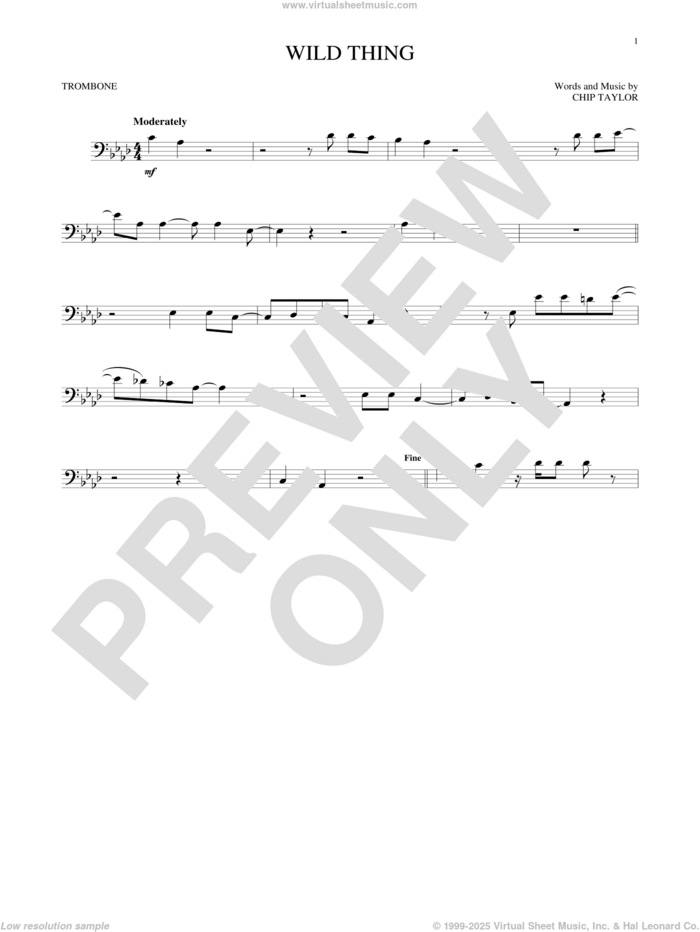 Wild Thing sheet music for trombone solo by The Troggs and Chip Taylor, intermediate skill level