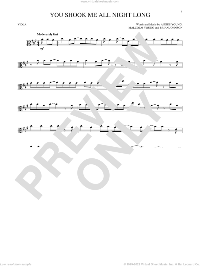 You Shook Me All Night Long sheet music for viola solo by AC/DC, Angus Young, Brian Johnson and Malcolm Young, intermediate skill level