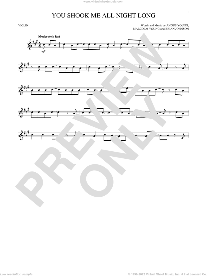 You Shook Me All Night Long sheet music for violin solo by AC/DC, Angus Young, Brian Johnson and Malcolm Young, intermediate skill level