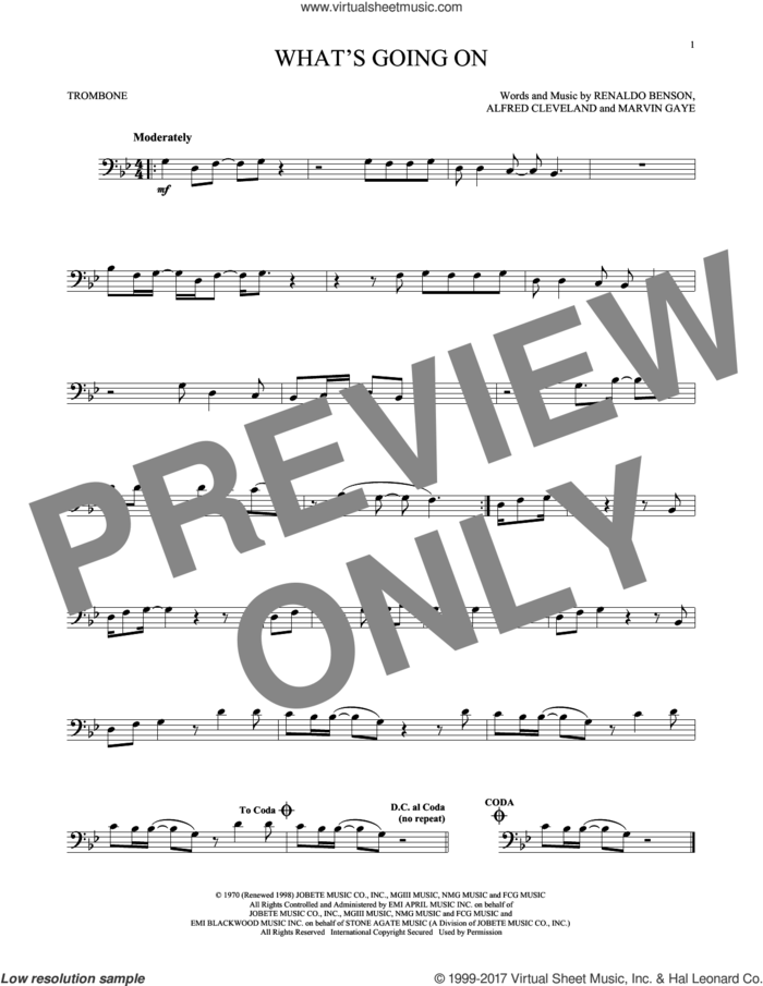 What's Going On sheet music for trombone solo by Marvin Gaye, Al Cleveland and Renaldo Benson, intermediate skill level