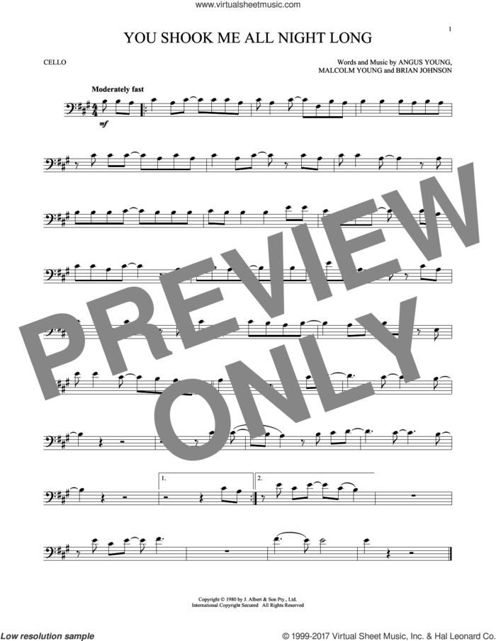 You Shook Me All Night Long sheet music for cello solo by AC/DC, Angus Young, Brian Johnson and Malcolm Young, intermediate skill level