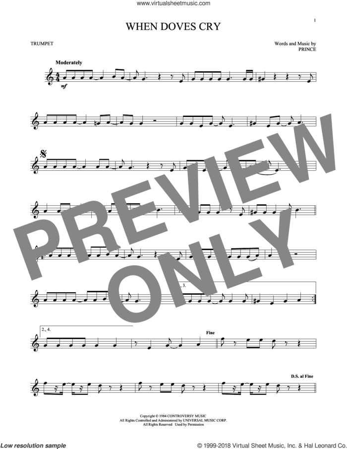 When Doves Cry sheet music for trumpet solo by Prince, intermediate skill level