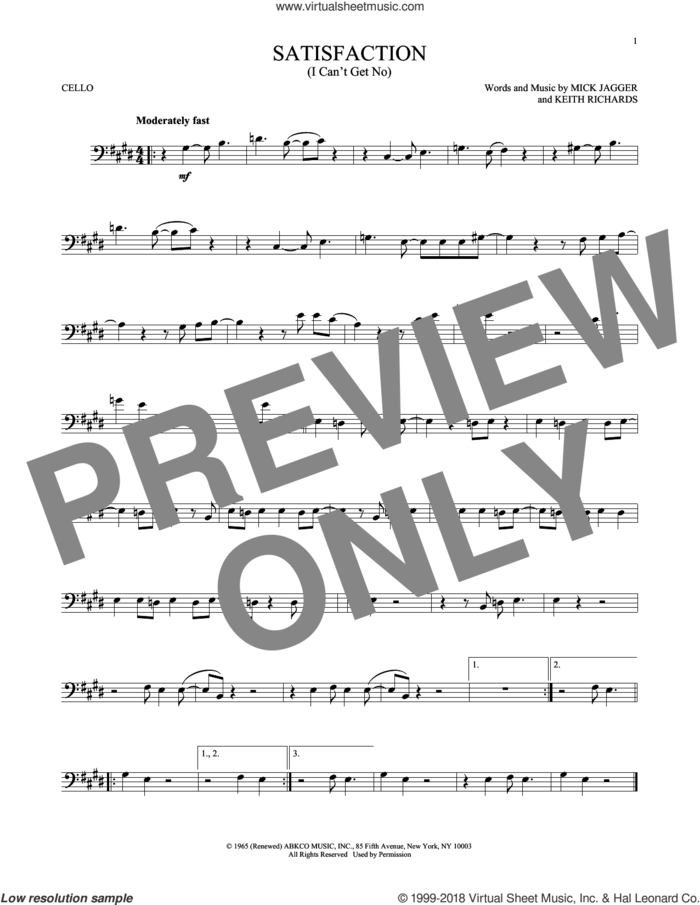 (I Can't Get No) Satisfaction sheet music for cello solo by The Rolling Stones, Keith Richards and Mick Jagger, intermediate skill level