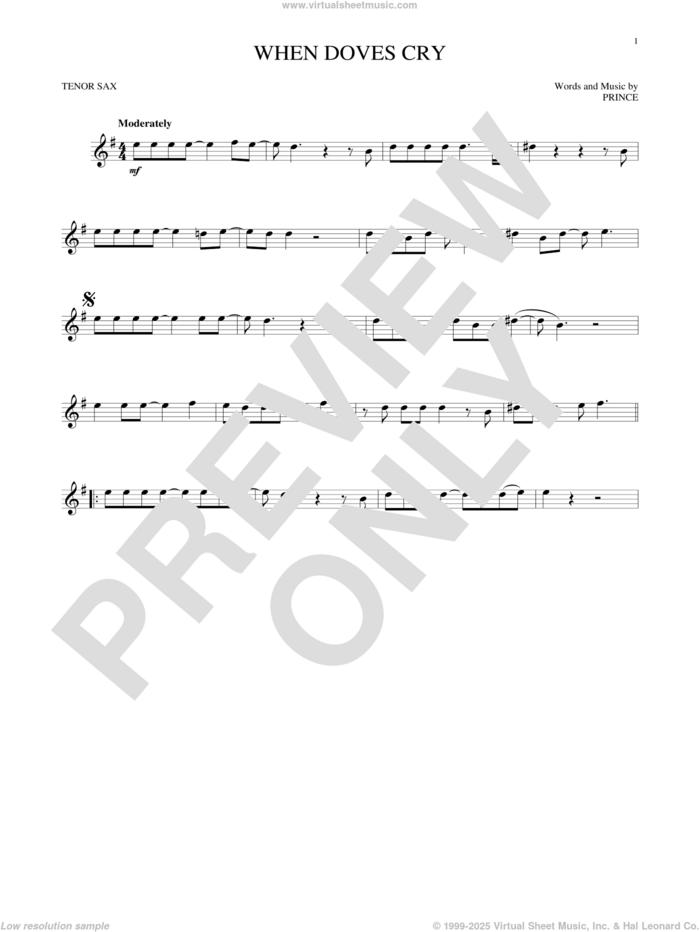 When Doves Cry sheet music for tenor saxophone solo by Prince, intermediate skill level