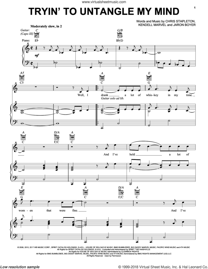 Tryin' To Untangle My Mind sheet music for voice, piano or guitar by Chris Stapleton, Jaron Boyer and Kendell Marvell, intermediate skill level