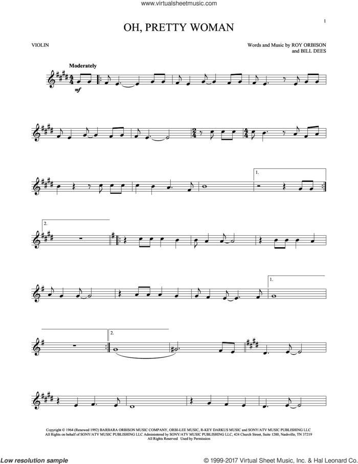 Oh, Pretty Woman sheet music for violin solo by Roy Orbison and Bill Dees, intermediate skill level
