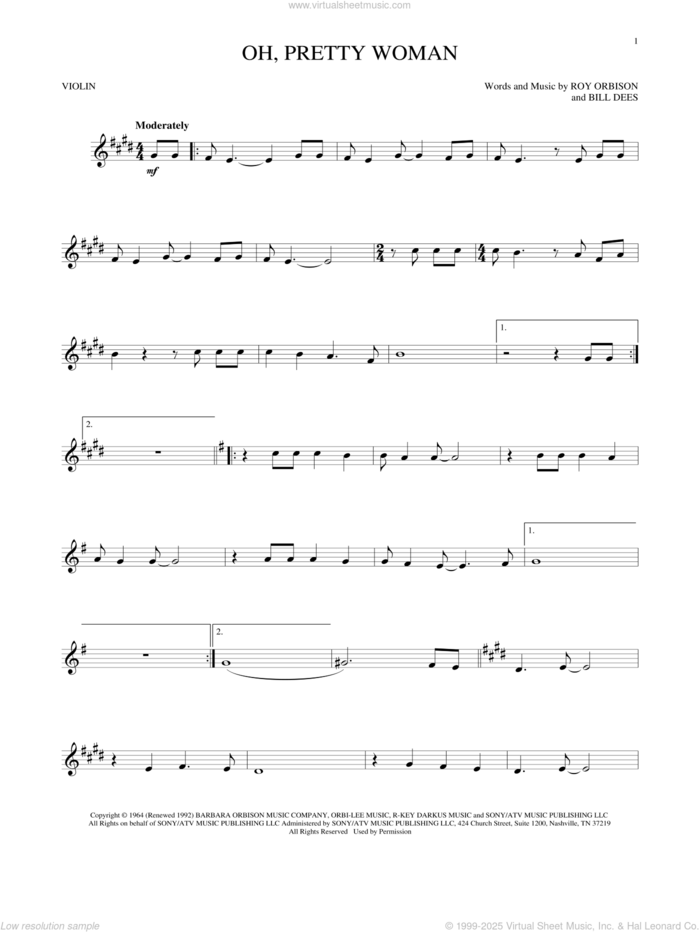 Oh, Pretty Woman sheet music for violin solo by Roy Orbison and Bill Dees, intermediate skill level