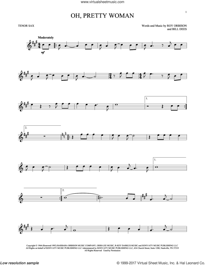Oh, Pretty Woman sheet music for tenor saxophone solo by Roy Orbison and Bill Dees, intermediate skill level