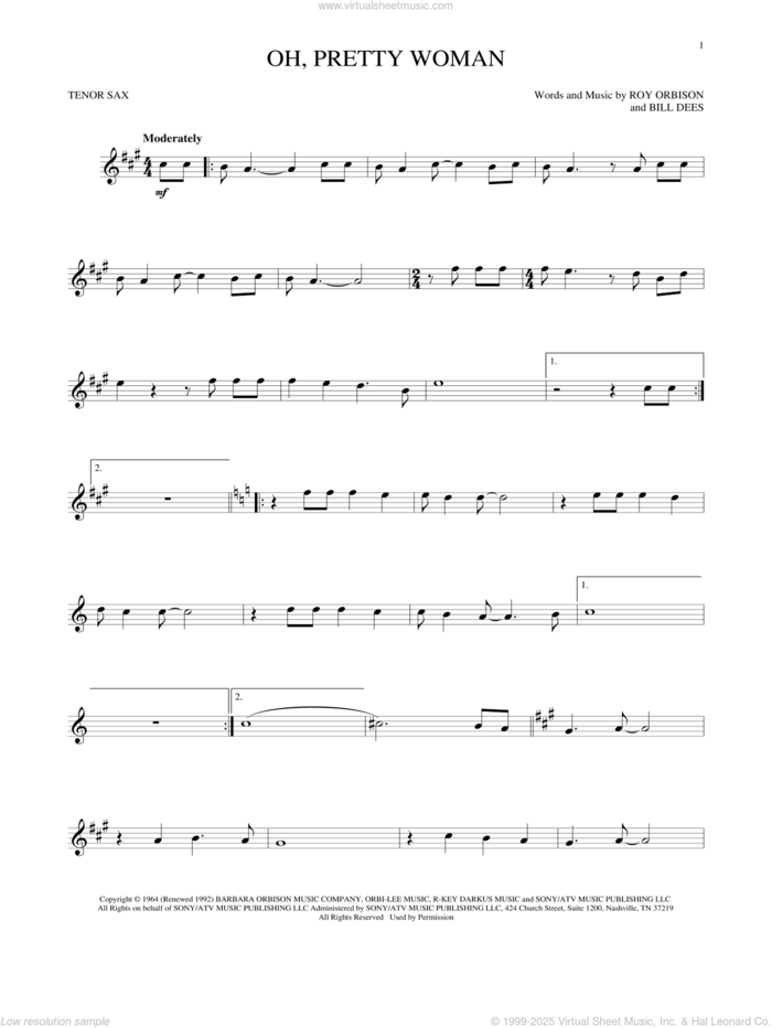 Oh, Pretty Woman sheet music for tenor saxophone solo by Roy Orbison and Bill Dees, intermediate skill level