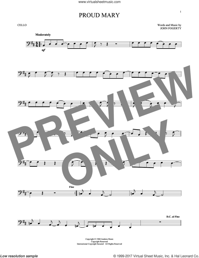 Proud Mary sheet music for cello solo by Creedence Clearwater Revival and John Fogerty, intermediate skill level