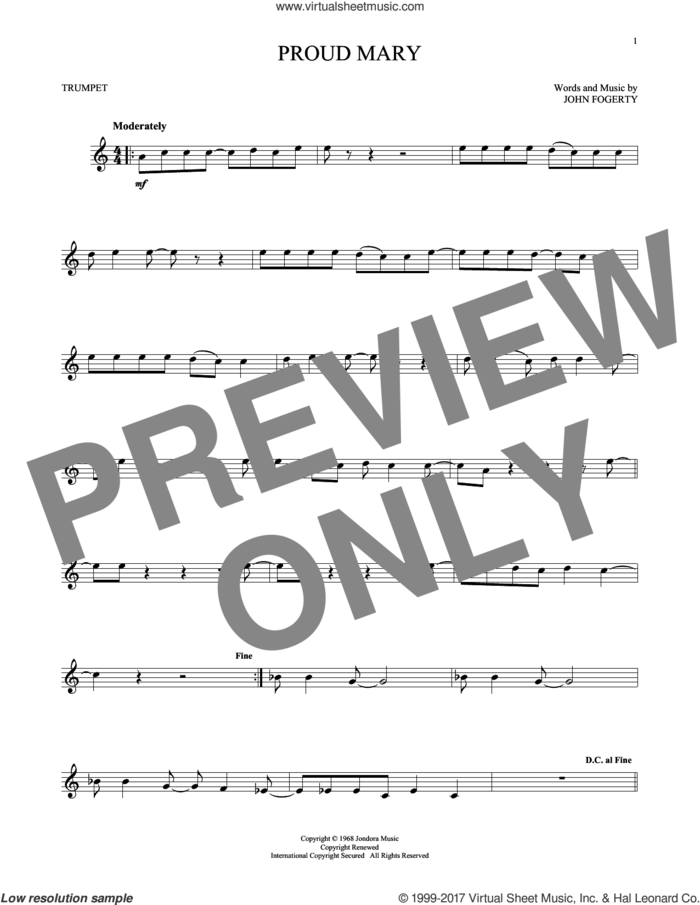 Proud Mary sheet music for trumpet solo by Creedence Clearwater Revival and John Fogerty, intermediate skill level