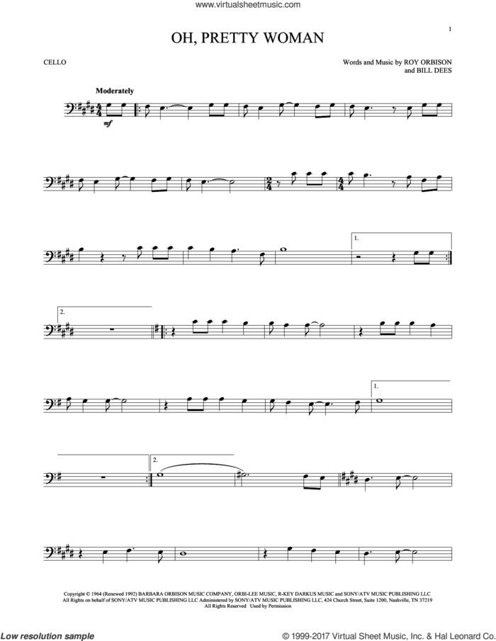 Oh, Pretty Woman sheet music for cello solo by Roy Orbison and Bill Dees, intermediate skill level