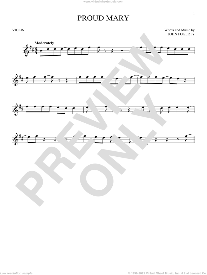 Proud Mary sheet music for violin solo by Creedence Clearwater Revival and John Fogerty, intermediate skill level