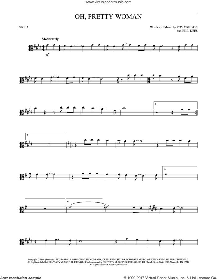 Oh, Pretty Woman sheet music for viola solo by Roy Orbison and Bill Dees, intermediate skill level