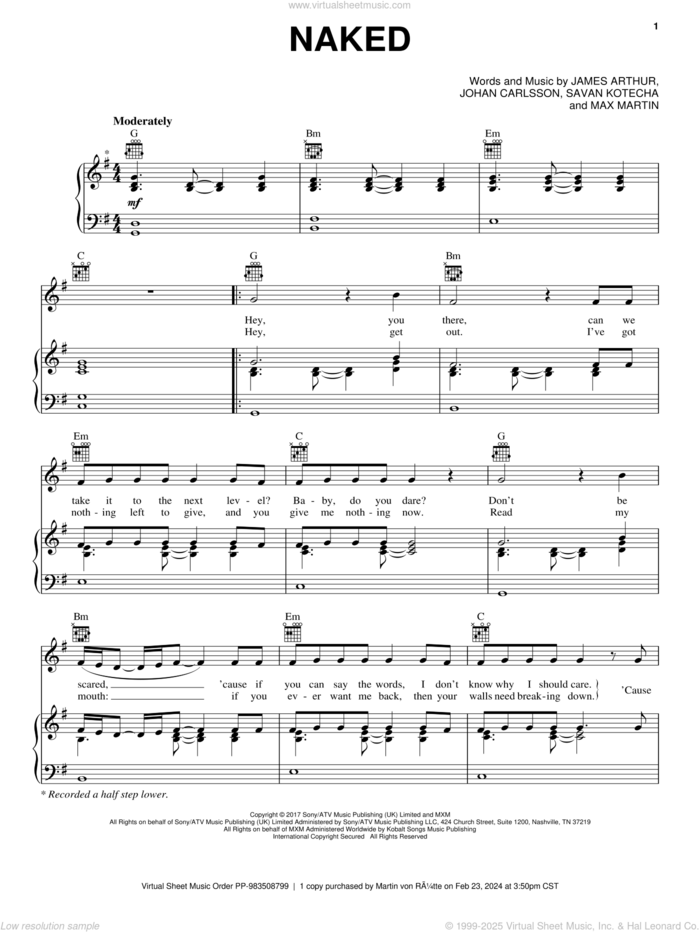 Naked sheet music for voice, piano or guitar by James Arthur, Johan Carlsson, Max Martin and Savan Kotecha, intermediate skill level