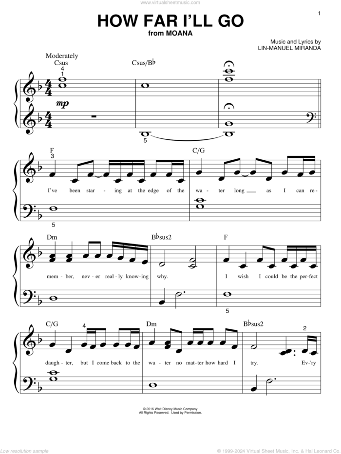 How Far I'll Go (from Moana) sheet music for piano solo (big note book) by Lin-Manuel Miranda and Alessia Cara, easy piano (big note book)