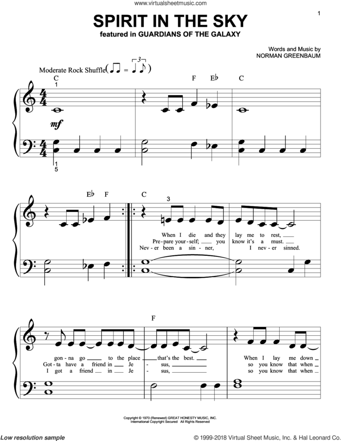 Spirit In The Sky sheet music for piano solo (big note book) by Norman Greenbaum, easy piano (big note book)