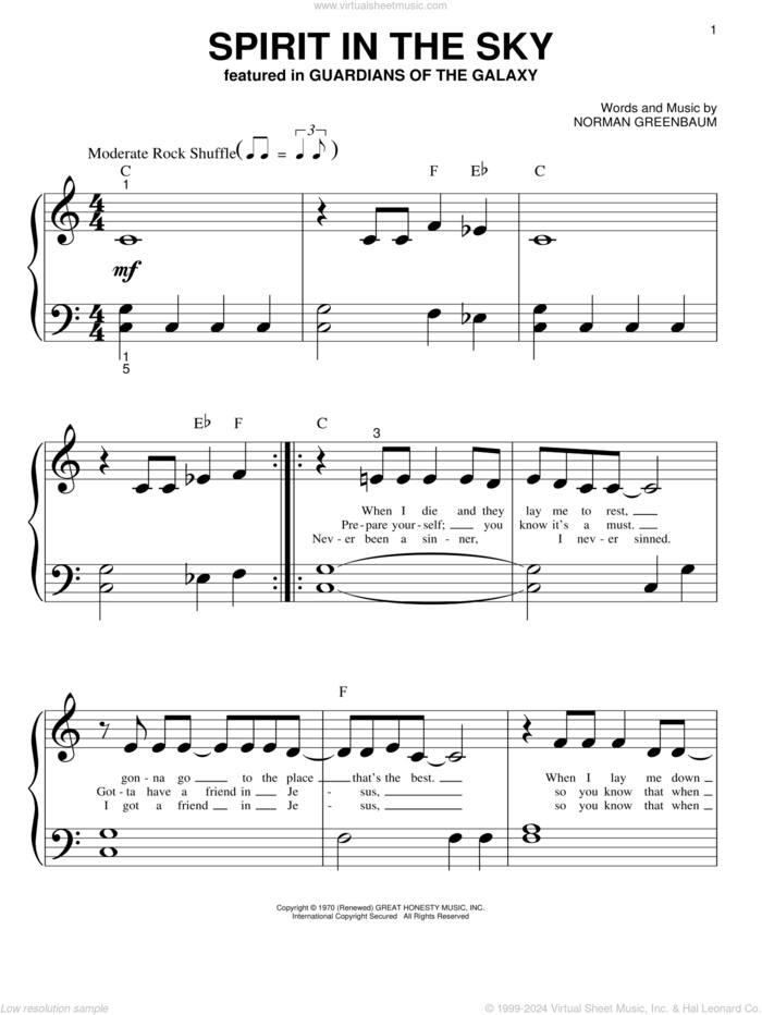 Spirit In The Sky sheet music for piano solo (big note book) by Norman Greenbaum, easy piano (big note book)