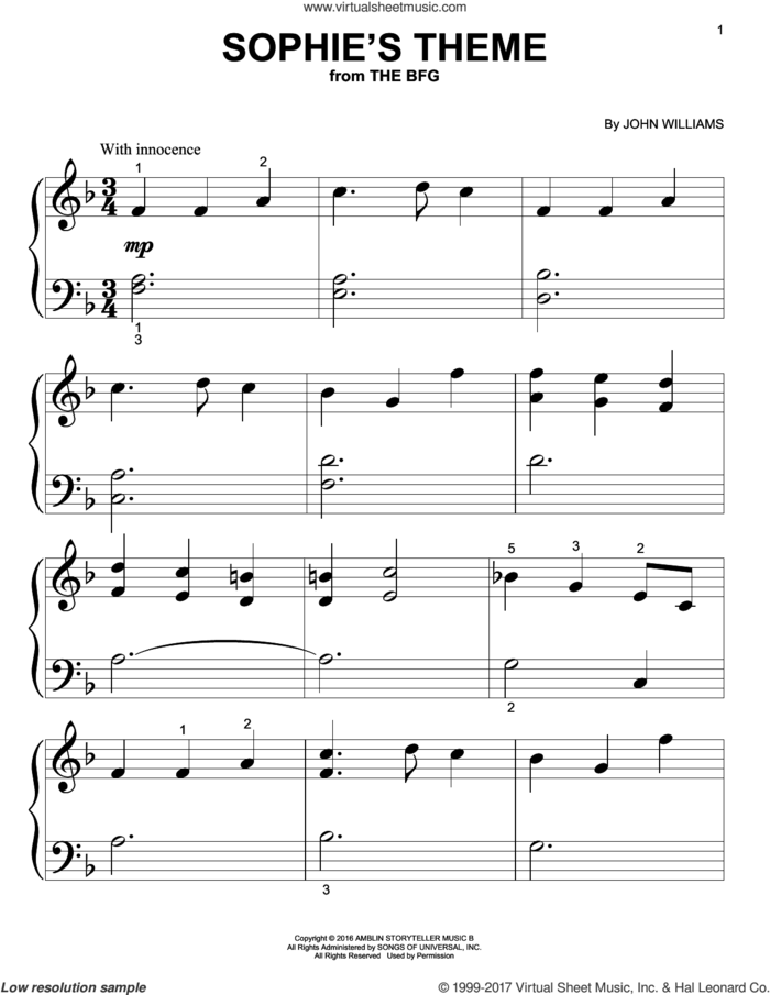 Sophie's Theme sheet music for piano solo (big note book) by John Williams, easy piano (big note book)