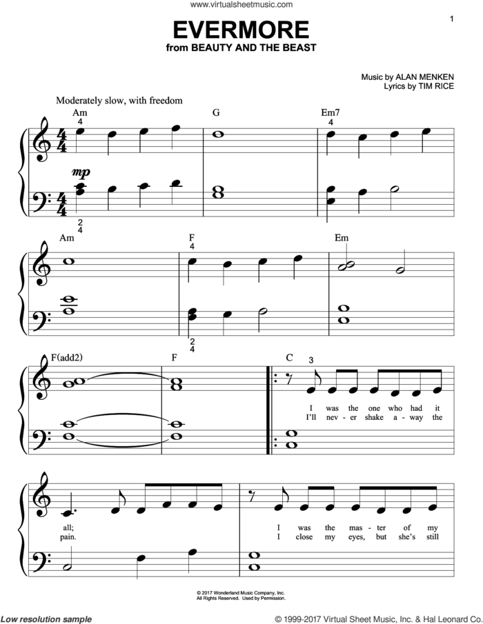 Evermore (from Beauty And The Beast) sheet music for piano solo (big note book) by Alan Menken, Josh Groban and Tim Rice, easy piano (big note book)