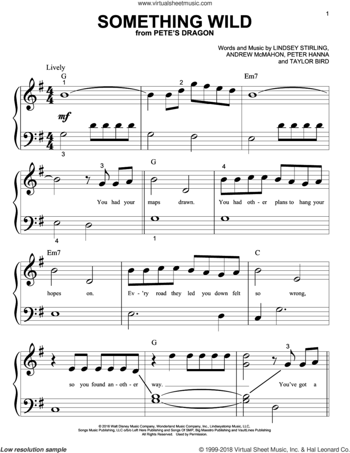 Something Wild sheet music for piano solo (big note book) by Lindsey Stirling, Andrew McMahon, Peter Hanna and Taylor Bird, easy piano (big note book)