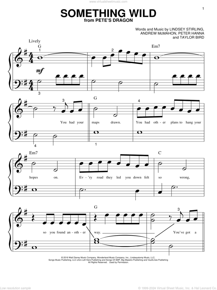 Something Wild sheet music for piano solo (big note book) by Lindsey Stirling, Andrew McMahon, Peter Hanna and Taylor Bird, easy piano (big note book)