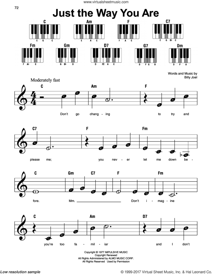 Just The Way You Are, (beginner) sheet music for piano solo by Billy Joel, wedding score, beginner skill level