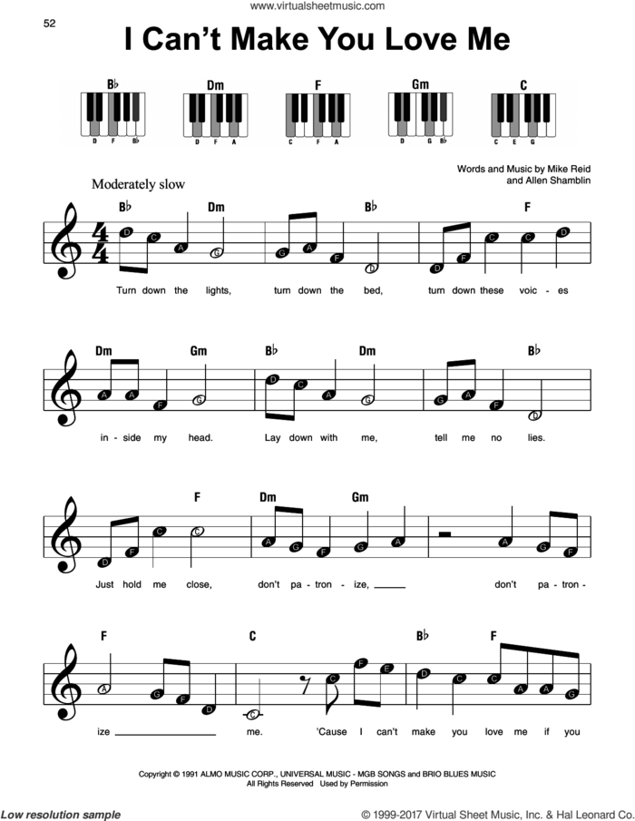 I Can't Make You Love Me sheet music for piano solo by Bonnie Raitt, Allen Shamblin and Mike Reid, beginner skill level