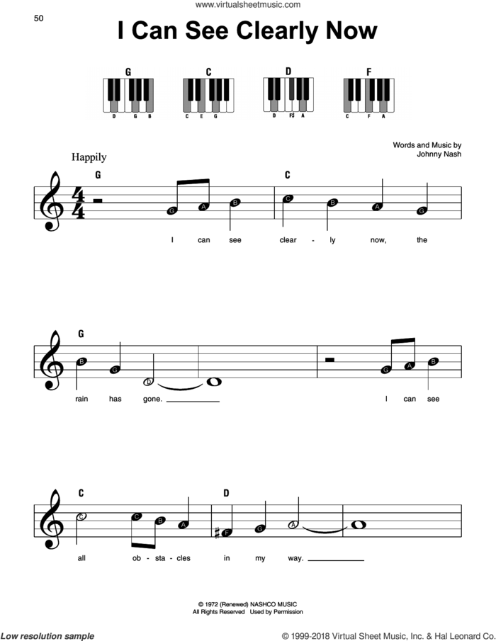 I Can See Clearly Now, (beginner) sheet music for piano solo by Jimmy Cliff and Johnny Nash, beginner skill level