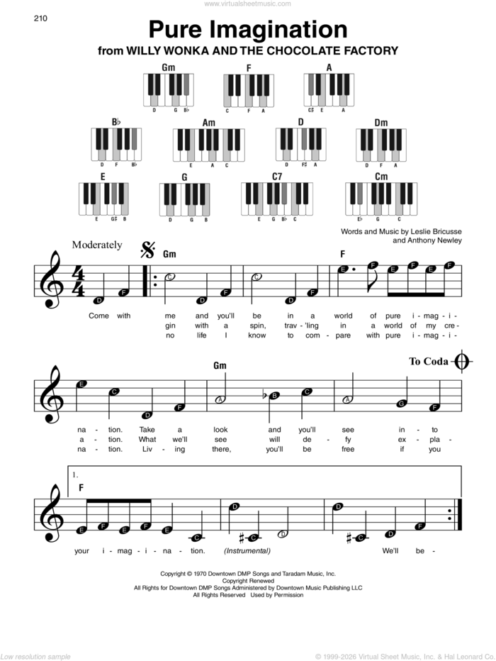 Pure Imagination sheet music for piano solo by Leslie Bricusse and Anthony Newley, beginner skill level
