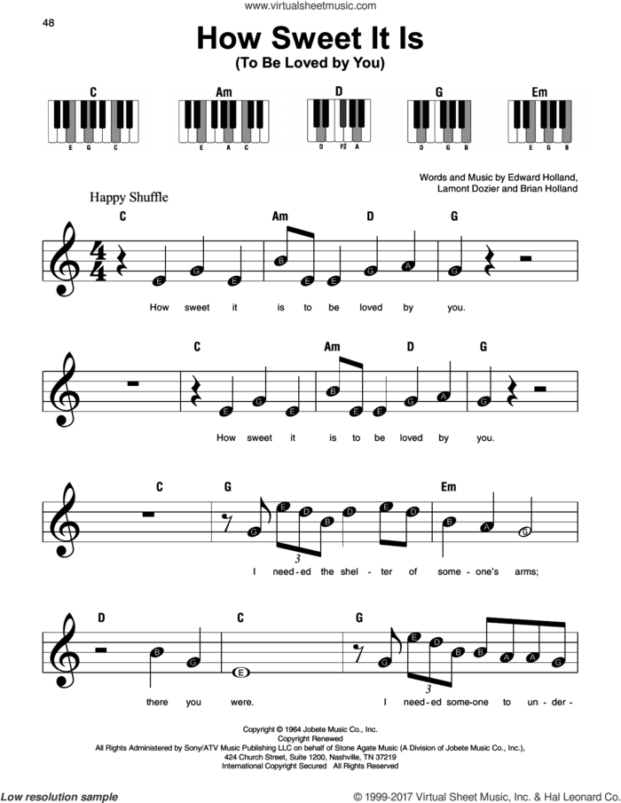 How Sweet It Is (To Be Loved By You) sheet music for piano solo by James Taylor, Marvin Gaye, Brian Holland, Eddie Holland and Lamont Dozier, beginner skill level