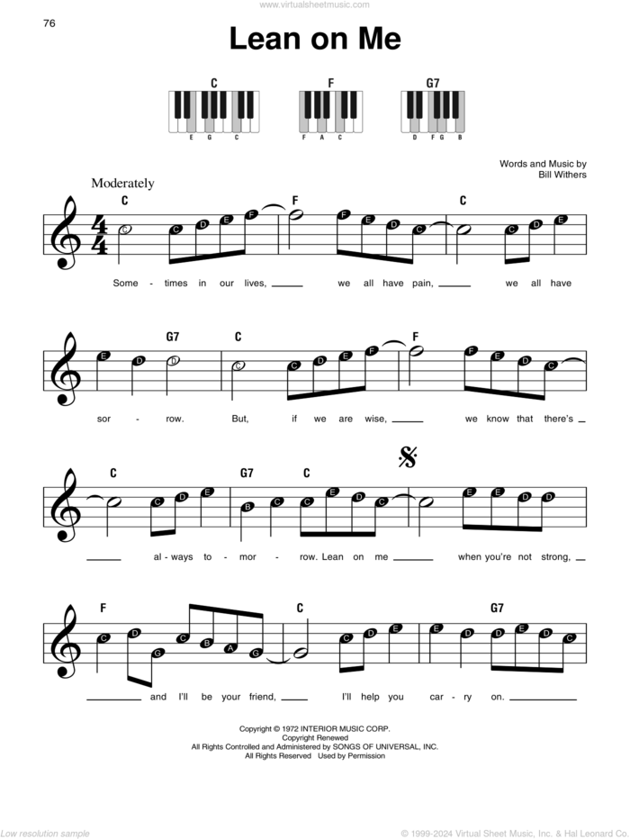 Lean On Me sheet music for piano solo by Bill Withers, beginner skill level