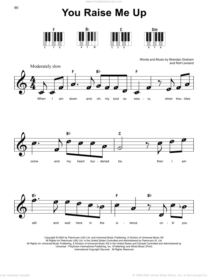 You Raise Me Up sheet music for piano solo by Josh Groban, Brendan Graham, Rolf LAuvland and Rolf Lovland, wedding score, beginner skill level