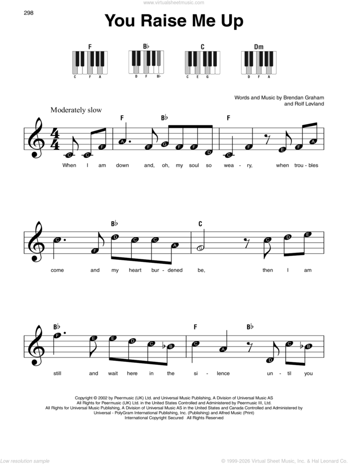 You Raise Me Up sheet music for piano solo by Josh Groban, Brendan Graham, Rolf LAuvland and Rolf Lovland, wedding score, beginner skill level
