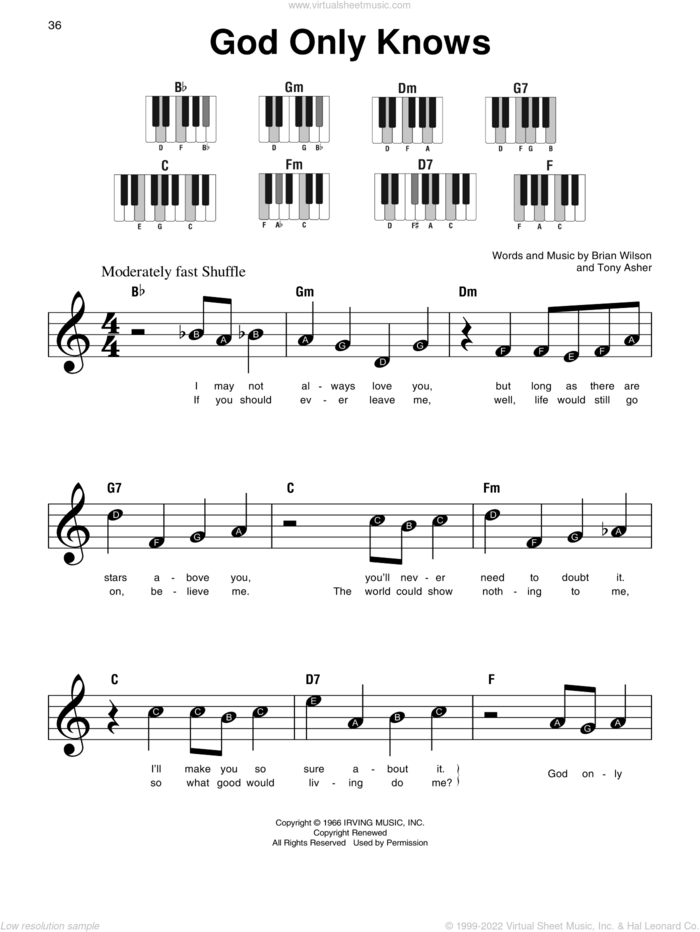 God Only Knows, (beginner) sheet music for piano solo by The Beach Boys, Brian Wilson and Tony Asher, beginner skill level