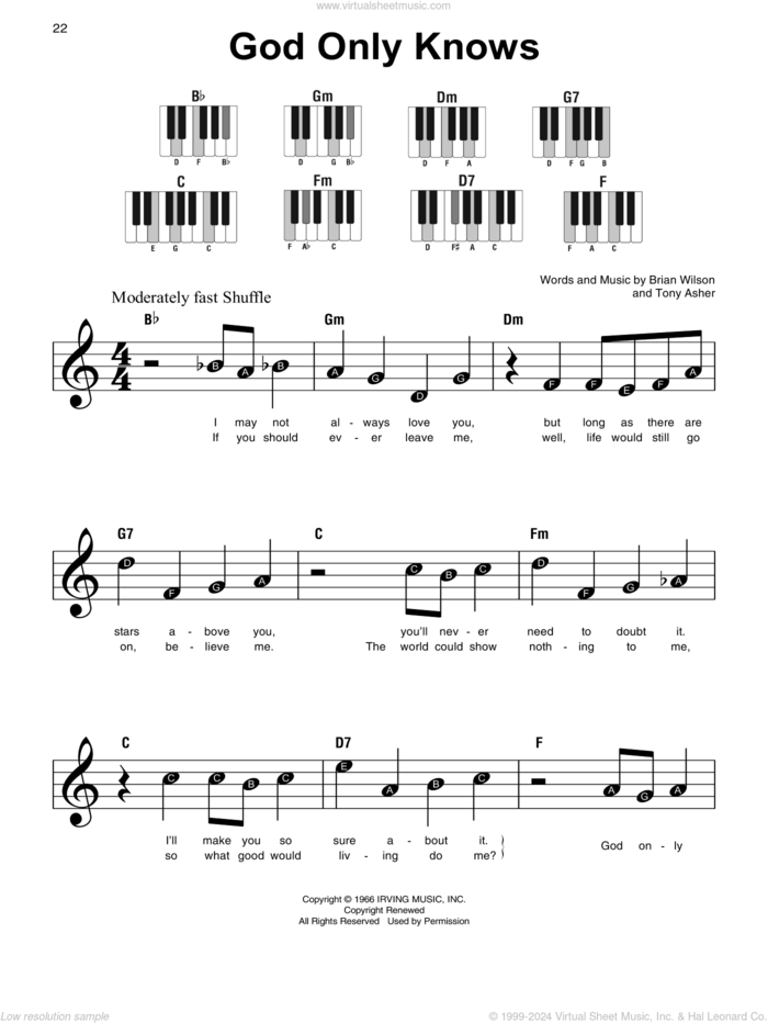 God Only Knows, (beginner) sheet music for piano solo by The Beach Boys, Brian Wilson and Tony Asher, beginner skill level