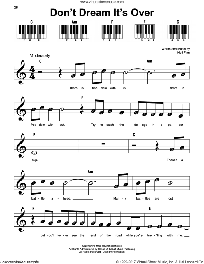 Don't Dream It's Over sheet music for piano solo by Crowded House, beginner skill level