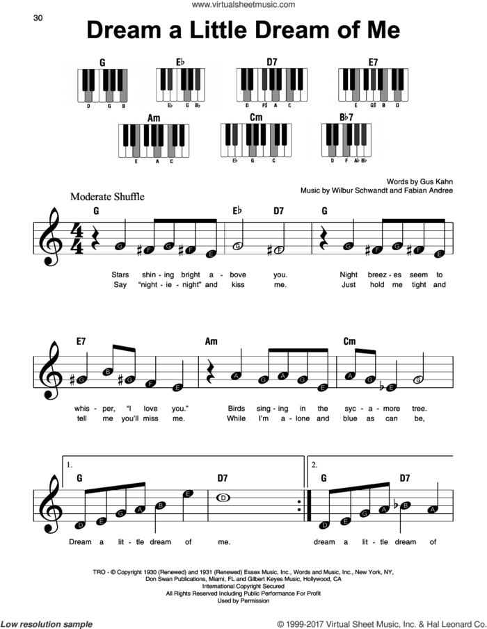 Dream A Little Dream Of Me, (beginner) sheet music for piano solo by The Mamas & The Papas, Fabian Andree, Gus Kahn and Wilbur Schwandt, beginner skill level
