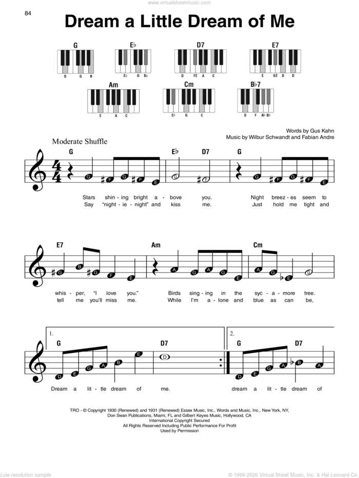 Dream A Little Dream Of Me, (beginner) sheet music for piano solo by The Mamas & The Papas, Fabian Andree, Gus Kahn and Wilbur Schwandt, beginner skill level