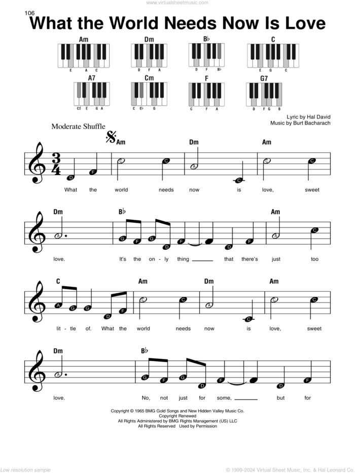 What The World Needs Now Is Love sheet music for piano solo by Burt Bacharach, Jackie DeShannon and Hal David, beginner skill level