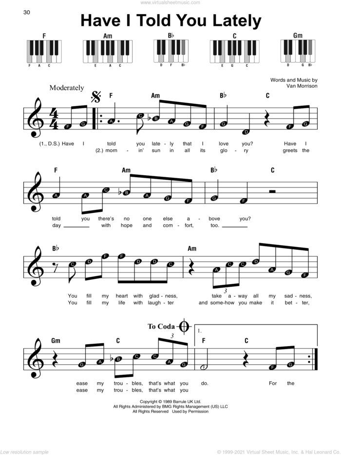 Have I Told You Lately sheet music for piano solo by Van Morrison and Rod Stewart, beginner skill level