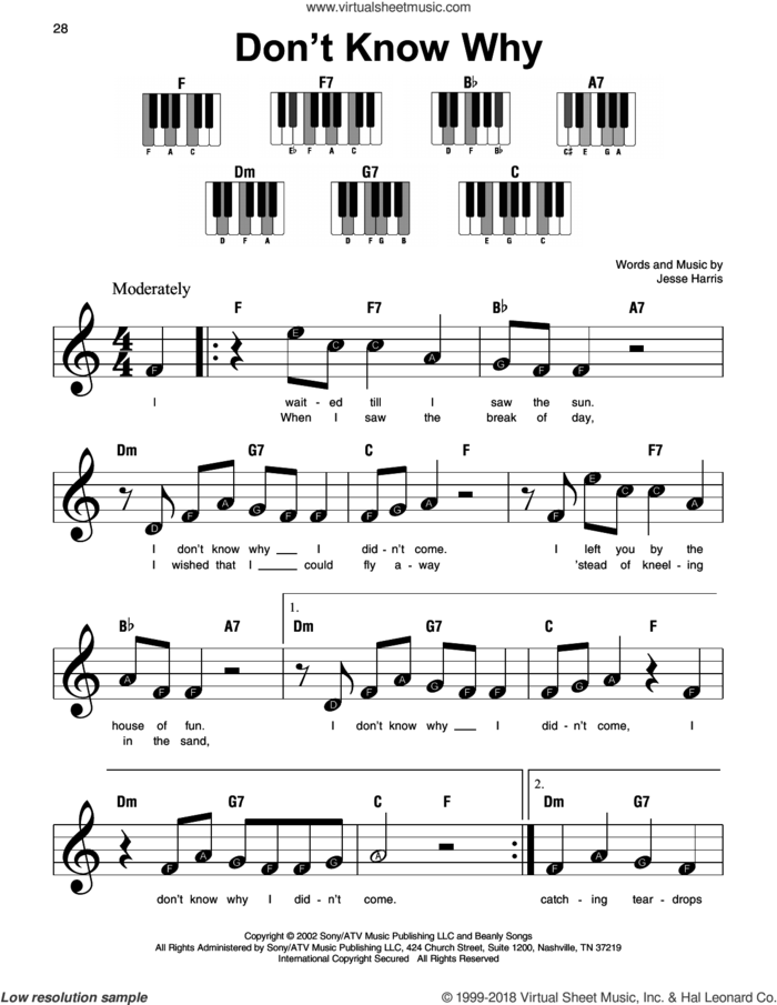 Don't Know Why sheet music for piano solo by Norah Jones and Jesse Harris, beginner skill level