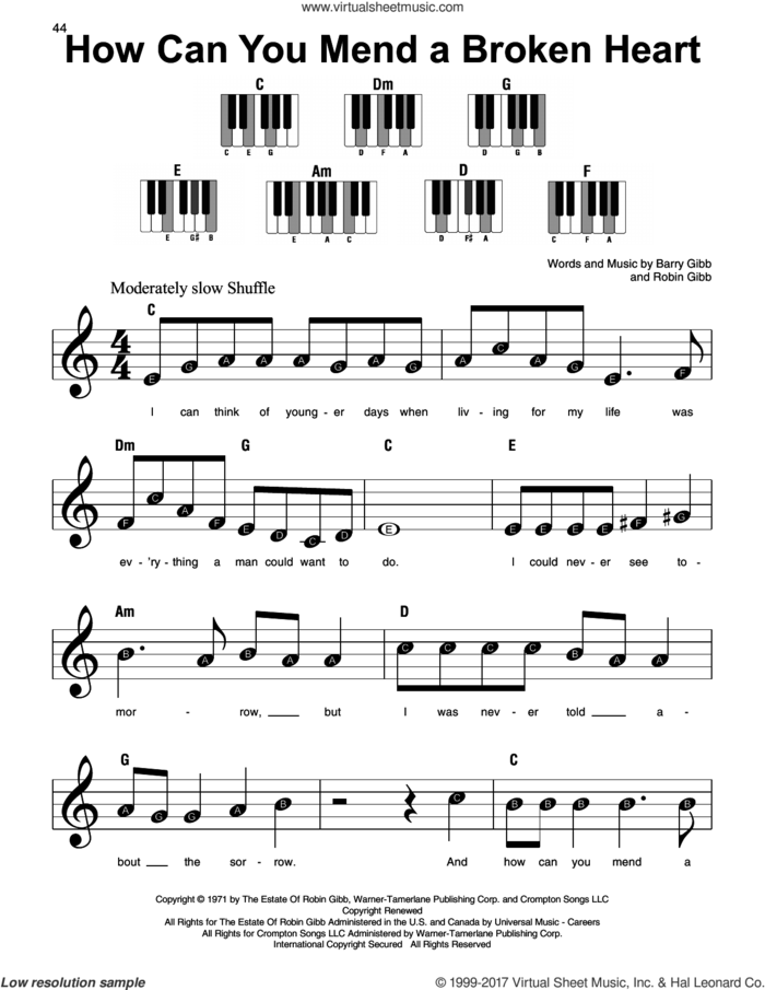 How Can You Mend A Broken Heart sheet music for piano solo by Barry Gibb, Bee Gees and Robin Gibb, beginner skill level