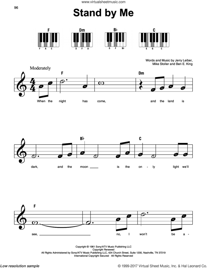 Stand By Me sheet music for piano solo by Ben E. King, beginner skill level